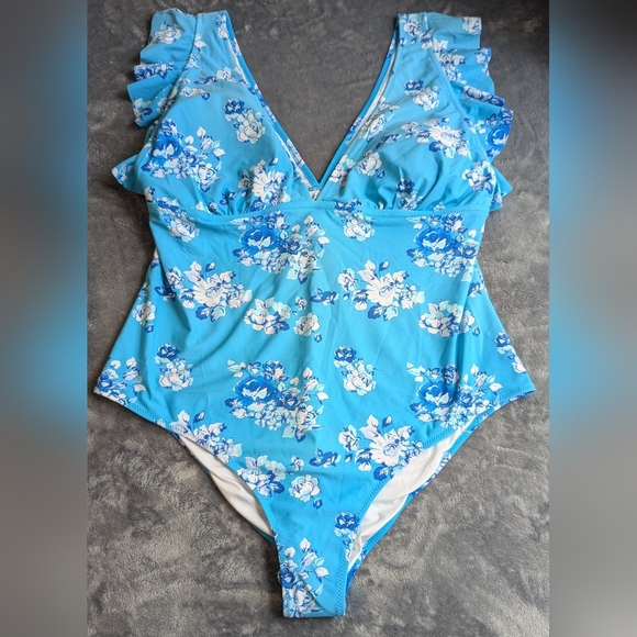 CUPSHE One Piece Swimsuit Women's 3X Royal Blue Floral Ruffle Strap V-neck EUC - Picture 1 of 9